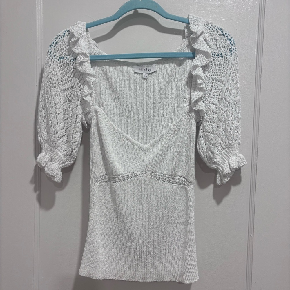 INTERMIX White Knit Top with Ruffled Sleeves